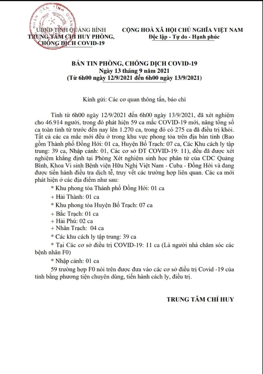 Thông tin dich Covid 19 tại Quảng Bình từ 6h00 ngày 129 đến 6h ngày 13920212